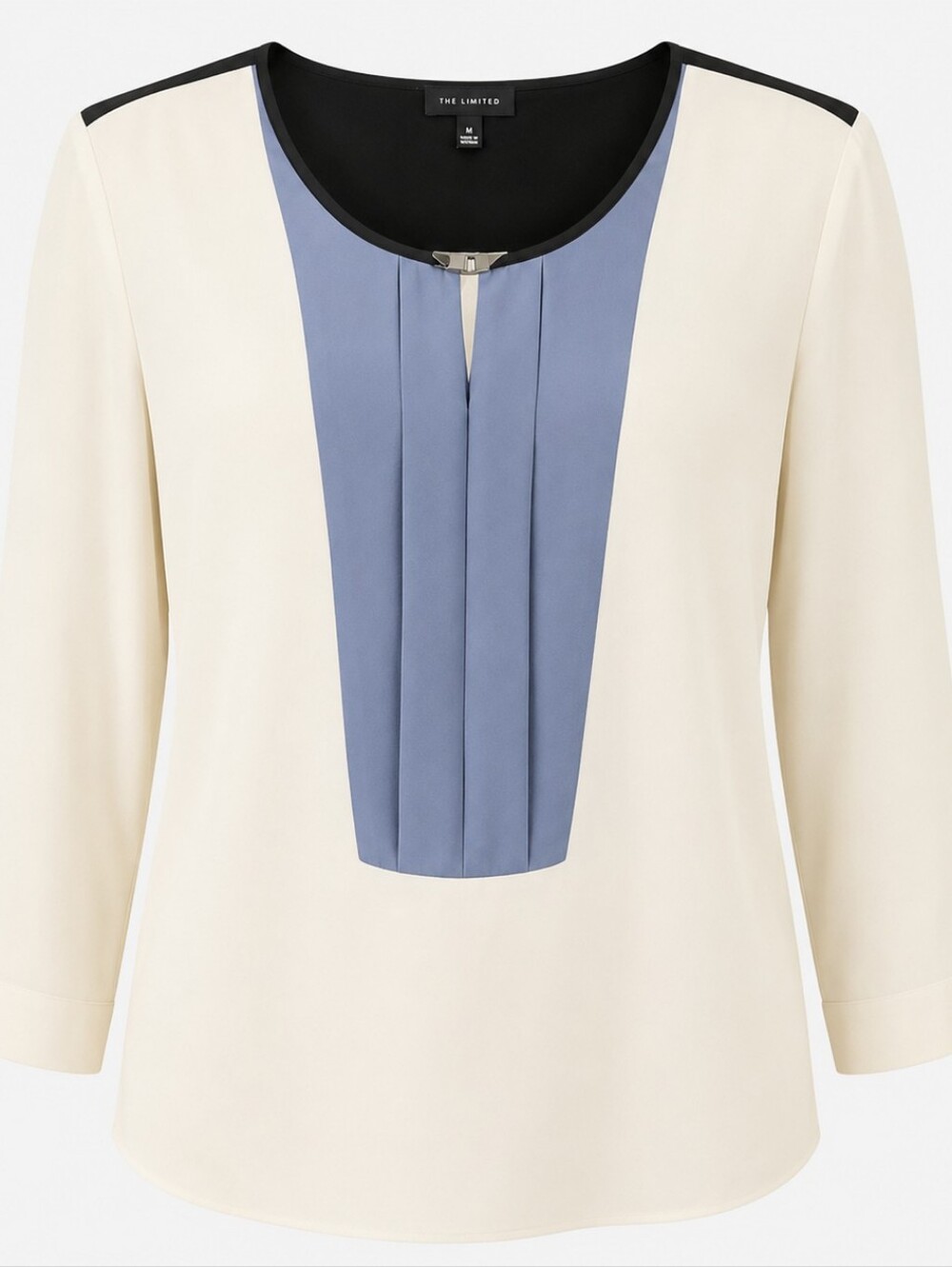 THE LIMITED | Cream Blue Black Colorblock Pleated Career Blouse Top | M